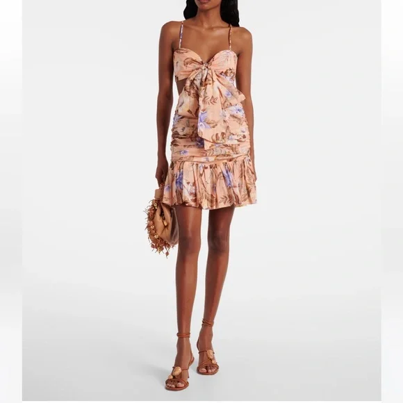 Zimmermann Coco Floral Print Bow Detail Mini Dress Peach Multi Various Size - Picture 2 of 16